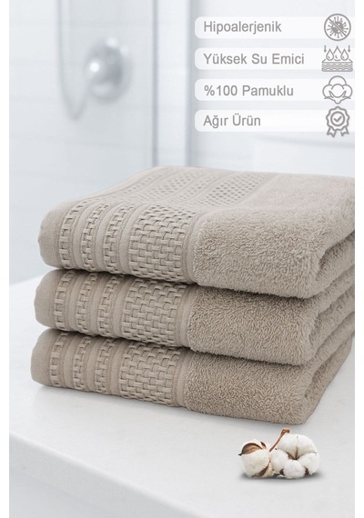 Softure 3 Lü El Yüz Havlusu Günlük Kullanım 50x90 Cm Yumuşak, Dayanıklı, Hızlı Kuruyan Bej