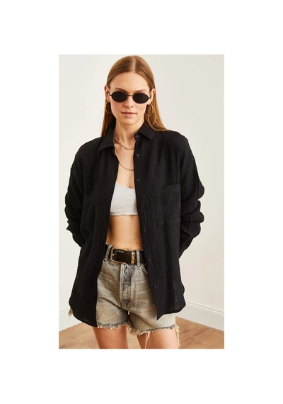 Thiff Gymwear Kadın Oversize Basic Cepli Müslin Gömlek Siyah