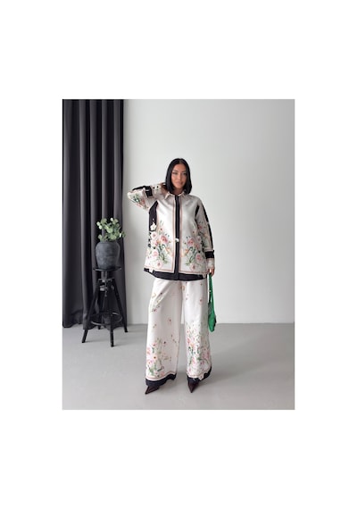 Wellway İthal Chokellaa Kumaş Çiçekli Tunik Gömlek & Pantolon 2li Takım-sarı -26126 Siyah