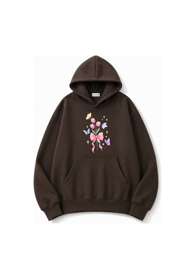 Herkesemoda Lale Çiçek Baskılı Kapüşonlu 2 İplik Şardonlu Sweatshirt Kahverengi