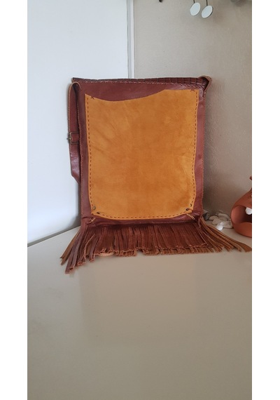 Taba Ve Camel Hakiki Deri El Yapımı Püsküllü Çanta Açık Vizon - Taba