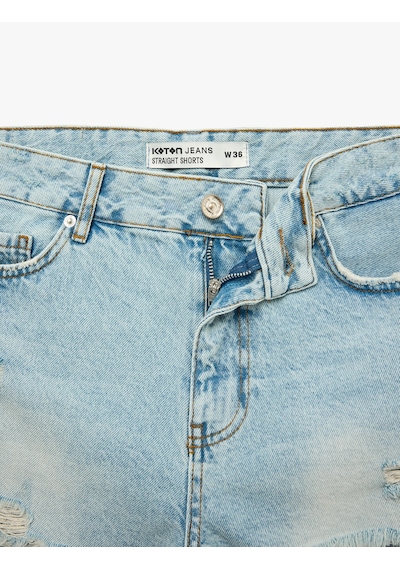 Koton Yıpratma Detaylı Pamuklu Rahat Kalıp Mini Denim Şort Açık İndigo 6sal40031md