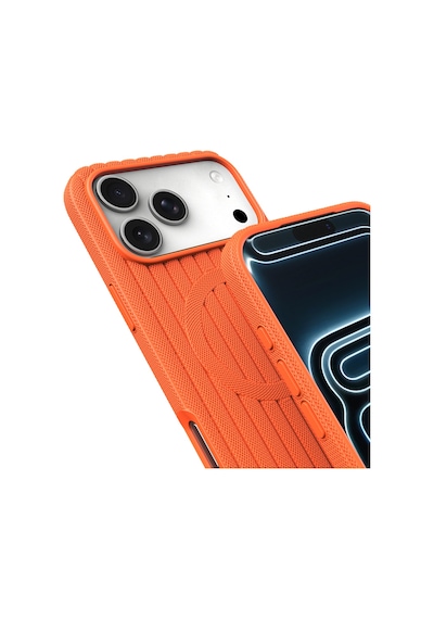 Apple Uyumlu iPhone 17 Pro Max Kılıf Magsafe Şarj Özellikli Çizgi Desenli Kumaş Dokulu Lorin Kapak Turuncu