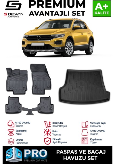 S-dizayn Vw T-roc 3d Pro Havuzlu Paspas Ve Üst Bagaj Havuzu Seti 2'li Set 2019-2021 A+ Kalite
