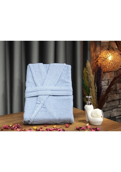 Plain Şal Yaka Büyük Beden Tek Banyo Bornozu Mavi Mavi