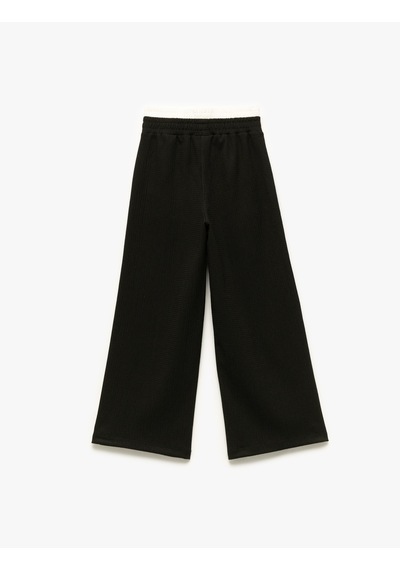 Koton Beli Bağcıklı Bürümcük Kumaş Basic Geniş Paça Pantolon Siyah 5skg40215ak Siyah