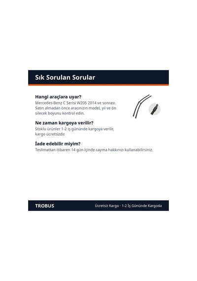 Trobus Mercedes-benz C Serisi W205 2014 Ve Sonrası Uyumlu Ön Silecek Süpürge Takımı