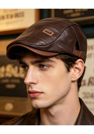 Erkek Suni Deri Gözlük Şapkası Kare Dikiş Detaylı Ayarlanabilir Flat Cap 3 Renk Koyu Kahverengi