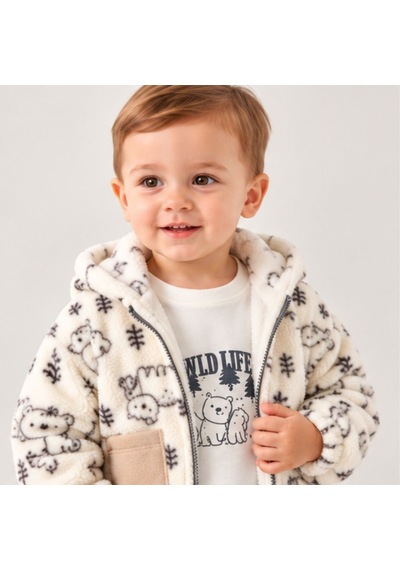 Maxx Kelın Erkek Bebek Welsoft Peluş Ceketli 3'lü Takım Ekru Mavi Hayvan Desenli 2-3-4 Yaş