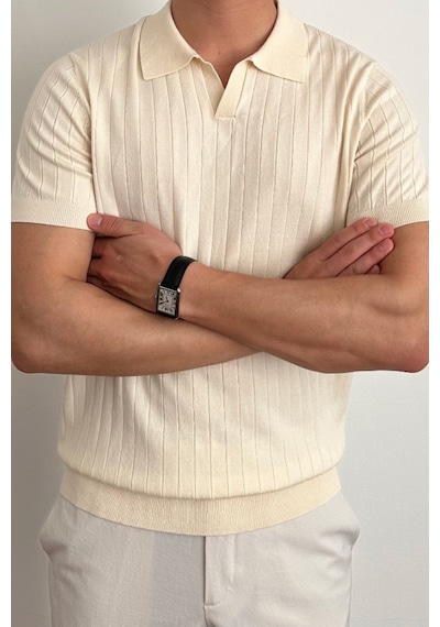 Tarz Cool Erkek Mat Bej Slim Fit Fitilli Polo Yaka Triko T-shirt Mat Bej