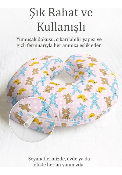 Çizgili Ayıcık Tavşan Desenli Ergonomik Boyun Yastığı - Sevimli Pastel Sarı Pembe Seyahat Yastığı Mat Orman Beton