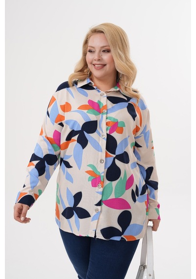 Polologin Butik Soyut Yaprak Desenli Bej Viskon Tunik Bej