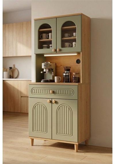 Barista Led Aydınlatmalı Kahve Köşesi Dolabı Retro Büfe 195cm Mdf Koyu Yeşil