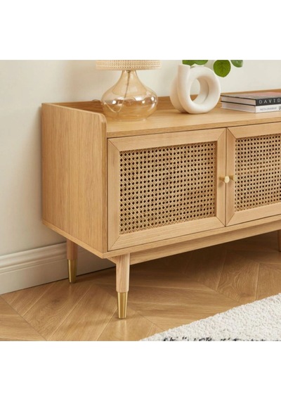 Scandi Tarzı Tv Ünitesi Bombong 180 Cm, Ahşap & Rattan Detaylı Natural