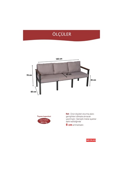 Neokas Bahce Mobilyası, Modern Balkon Mobilyası, Kafe Oturma Takımı, Teras Koltugu, 1 Üçlü Koltuk Gri Neokas Bahce Mobilyası, Modern Balkon Mobilyası, Kafe Oturma Takımı, Teras Koltugu, 1 Üçlü Koltuk Gri