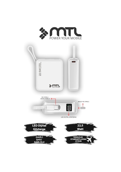 10000 Mah 22.5w Süper Hızlı Dahili Type-c Kablolu Dijital Göstergeli Hızlı Şarj Powerbank Mt4540 Beyaz