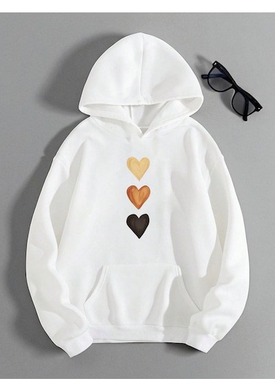 Uyguntarz Unisex Sirali Kalp Baskılı Oversize Sweatshirt beyaz