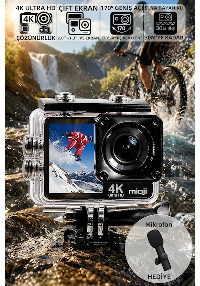 Mioji Action 12x 4k 60fps 20mp Çift Ekran Wifi 170 Aksiyon Kamerası Siyah