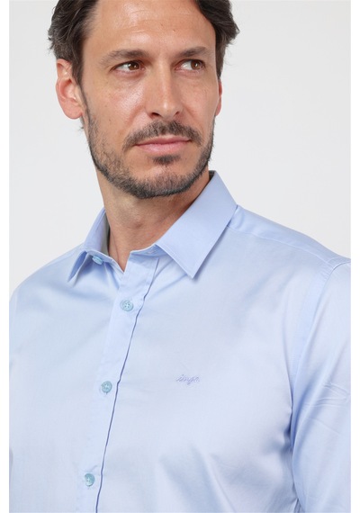 İmza Açık Mavi Sert Yaka Uzun Kol Cepsiz Saten Slim Fit Pamuk Gömlek 1004260424 2XL