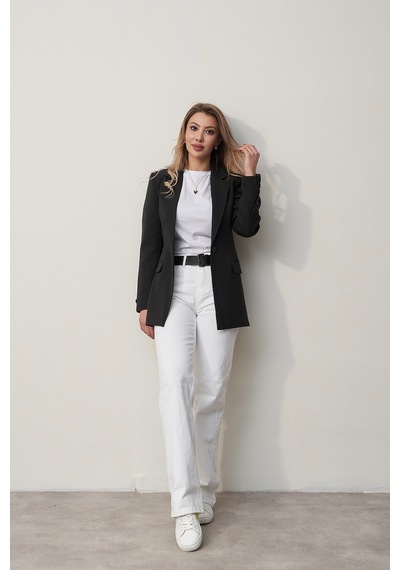 Rabia Çelik Kadın Siyah Tek Düğmeli Kol Detaylı Marka Model Blazer Ceket Siyah Siyah
