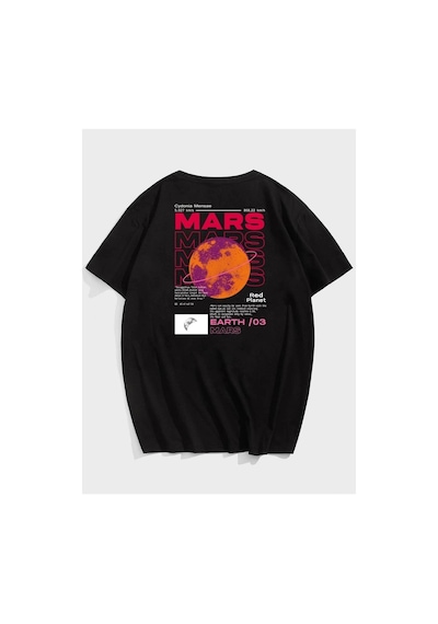 Erkek Siyah Oversize Mars Baskılı T-shirt Siyah