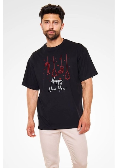 Erkek Kısa Kol Tişört Bisiklet Yaka Yeni Yıl Baskılı T-shirt - Siyah Beyaz