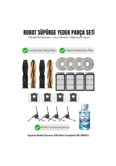 Dreame X50 Ultra Complete Rlx85ce İle Uyumlu 2 Ana Fırça 4 Yan Fırça 4 Filtre 4 Mop 1 Deterjan 4 Toz Torbası 8.0