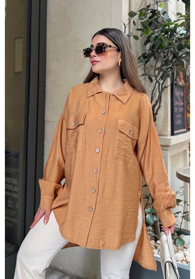 WeShaya Kadın Taba Balon Kol, Pileli, Yırtmaçlı, Oversize, Keten Tunik Gömlek Bej WeShaya Kadın Taba Balon Kol, Pileli, Yırtmaçlı, Oversize, Keten Tunik Gömlek Bej