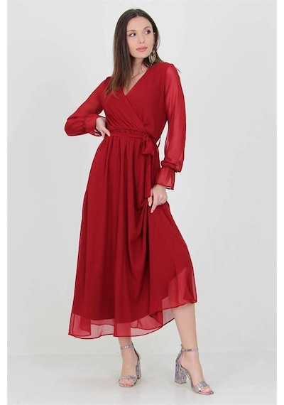 Neşeli Butik Kadın Bordo Yeni Sezon Astarlı Kruvaze Yaka Uzun Şifon Elbise Nb003 Bordo