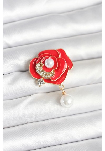Mey İthalat Kırmızı Gül İncili Model Broş Çok Renkli 60294906