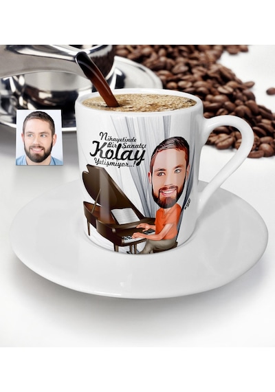 Kişiye Özel Bay Piyanist Karikatür Türk Kahvesi Fincanı - 1