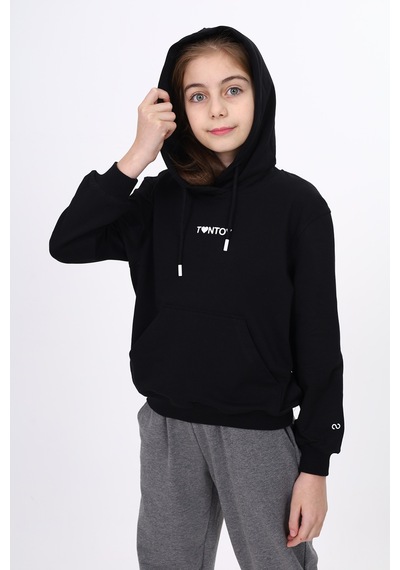 Toontoy Kız Çocuk Oversize Kapüşonlu Cepli Düşük Omuz Baskılı Sweatshirt - 2 İplik Siyah
