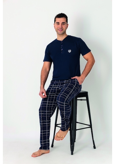 Estiva Erkek Kareli Alt Desenli Lacivert Kısa Kollu Patlı Penye Pijama Takımı Çok renkli