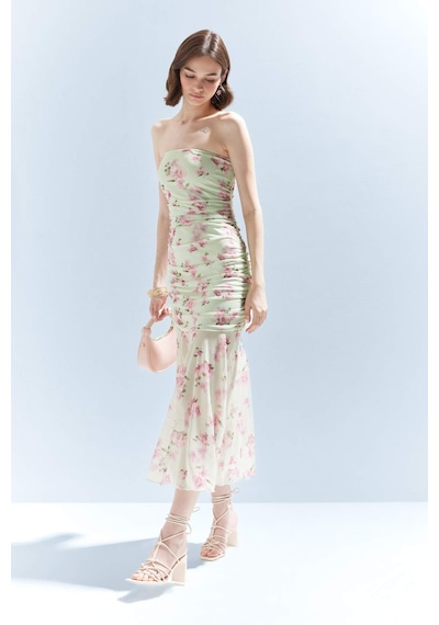 Defacto Coool Bodycon Vücudu Saran Straplez Çiçek Desenli Tül Maxi Elbise F5577ax25smgn766 Yeşil