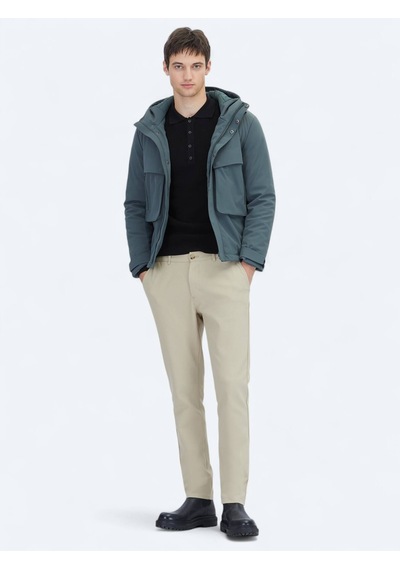 Kip Haki Regular Fit Kapüşonlu Casual Dokuma Mont