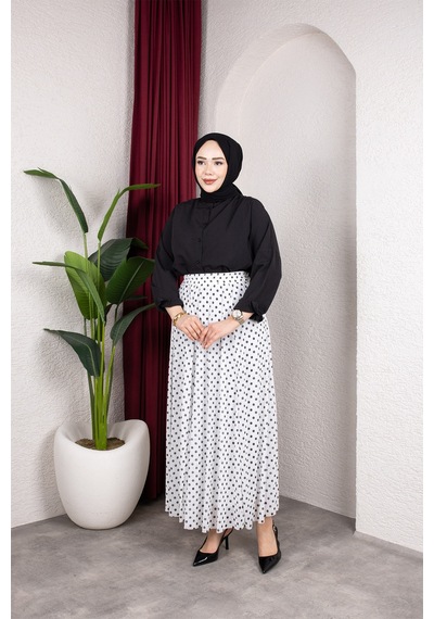 Hira Life Fashion Kadın Astarlı Puantiye Desenli Tül Etek Beyaz-siyah Beyaz-siyah