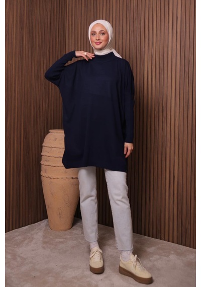 Balenbi Kadın Dik Yaka Basic 80cm Salaş Oversize Triko Tunik 1145 Lacivert