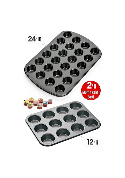 Muffin Kalıbı 24'lü Mini + 12'li Büyük Cupcake Kek Kapsülü Yanmaz Yapışmaz Baking Pan Fırın Kalıbı Siyah