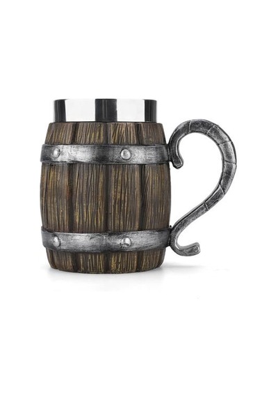 Ahşap Fıçı Görünümlü 380 Ml İçi Çelik Kupa Bardak - Viking Ve Orta Çağ Temalı Rustik Kupa