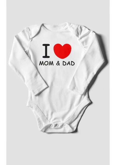 I Love Mom And Dad Baskılı Bebek Zıbını Çıtçıtlı Body %100 Pamuk Uzun Kol Beyaz