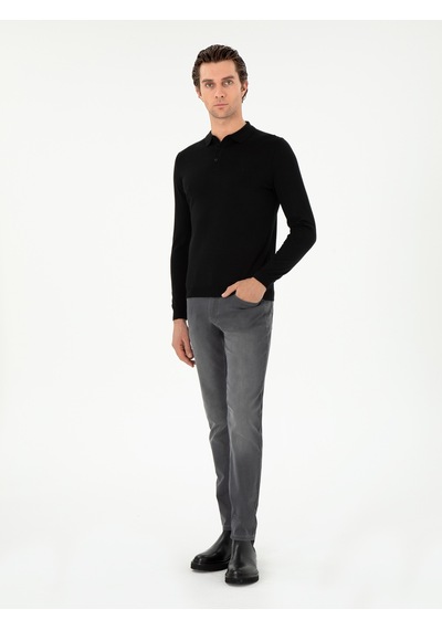 Cacharel Siyah Slim Fit Yün Karışımlı Polo Yaka Basic Triko Kazak