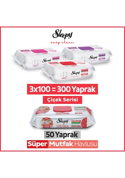 Sleepy Easy Clean Çiçek Serisi&Greyfurt Yağlı Süper Mutfak Yüzey Temizlik Havlusu&Mendili(3x100+50)