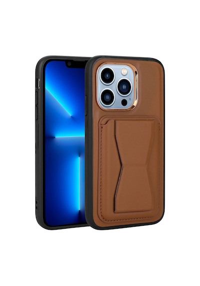 Zore İphone 12 Pro Max Uyumlu Kartlıklı Standlı Pu Deri Nvth Memo Kılıf-kahverengi