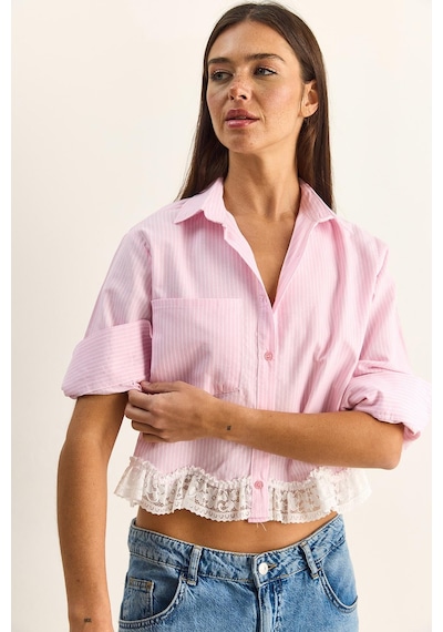 Shade Kadın Dantel Detaylı Çizgili Poplin Crop Gömlek Dg261023 60286099 - Pembe