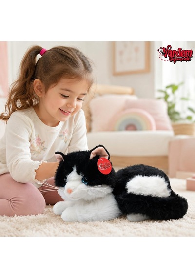 36 Cm Peluş Sesli Kedi Oyuncak, 4 Asorti Renk Seçenekli Yumuşak Kedi Peluşu, Ses Efektli Çocuk Oyuncağı, Sarılmalık Uyku Arkadaşı Ve Hediye Peluş Kedi Pjh14473 Siyah-beyaz