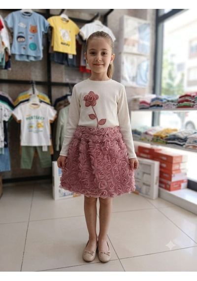 Pembe Life Kids Kız Çocuk Gül Detaylı Takım Beyaz - Pembe