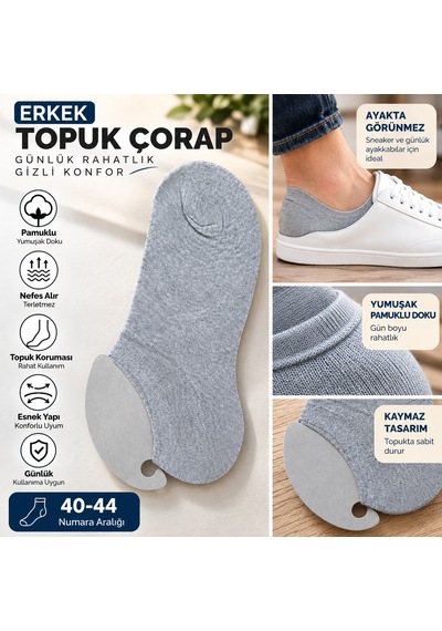Lumina Erkek Penye Sneaker Topuk Çorap - 9065539652541 Gri