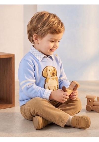 Zekids Erkek Bebek Mavi Köpek Desenli Triko Kazak Gömlek Ve Pantolon Takım-17438