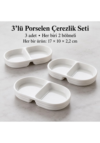 2 Bölmeli Porselen Çerezlik 3 Lü Set, 17 10 2,2 Cm, Beyaz Oval Kuruyemiş Ve Kuru Meyve Tabağı, Kahvaltılık Zeytinlik, Meze Ve Atıştırmalık Sunum Tabağı, 3 Adet