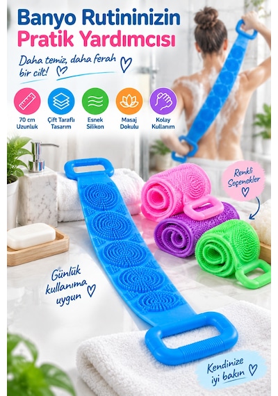 Silikon Banyo Sırt Kesesi 70cm Çift Taraflı Masaj Dokulu Uzun Saplı Vücut Temizleme Fırçası Ve Masaj